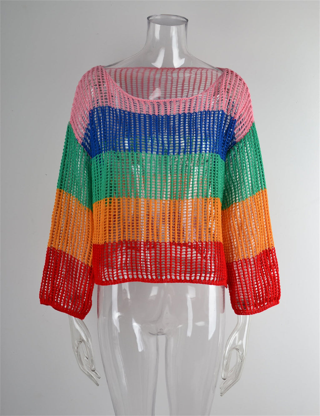 Chemisier d'été ajouré Tricot de vacances Manches longues Surchemise de protection solaire Chemise arc-en-ciel