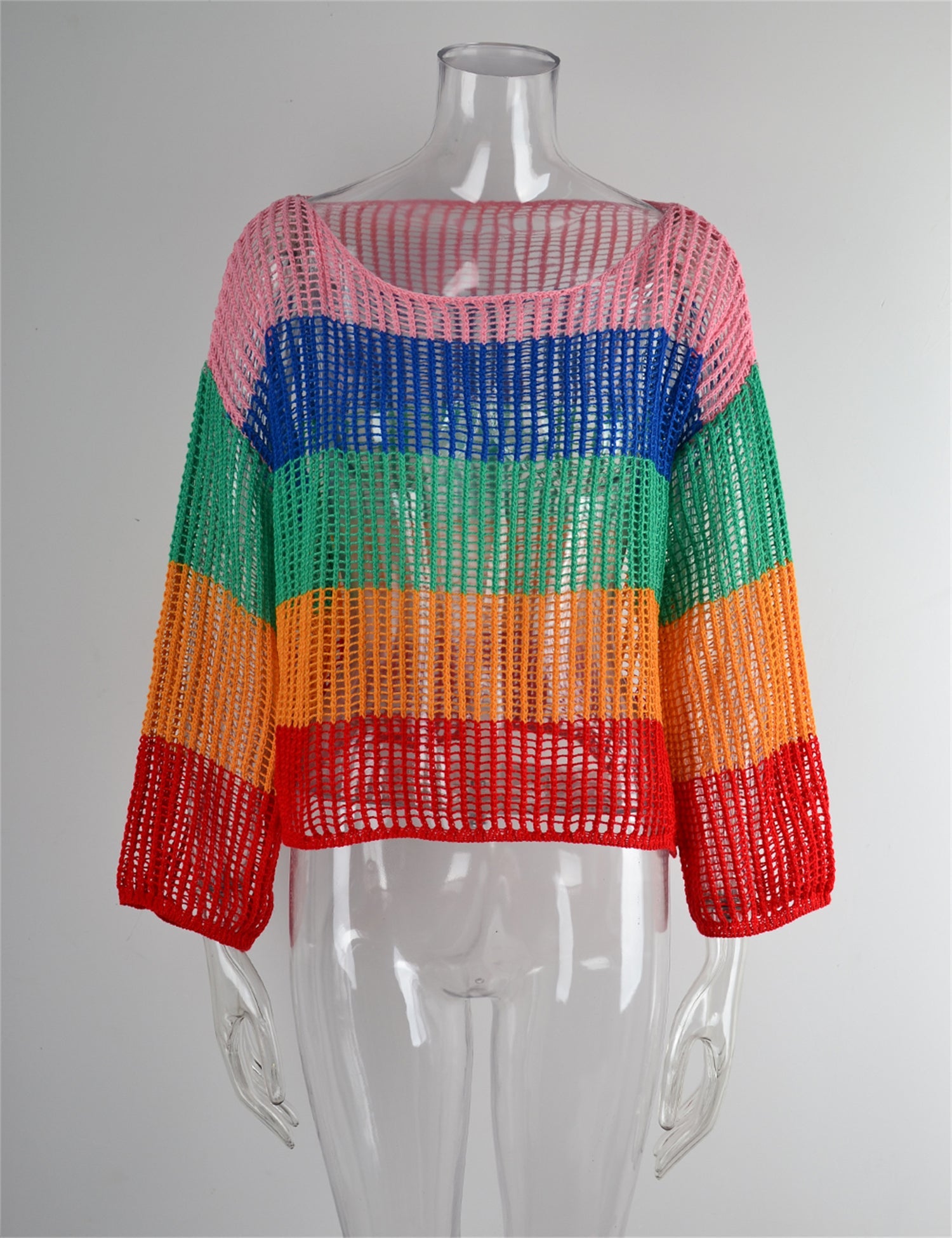 Chemisier d'été ajouré Tricot de vacances Manches longues Surchemise de protection solaire Chemise arc-en-ciel