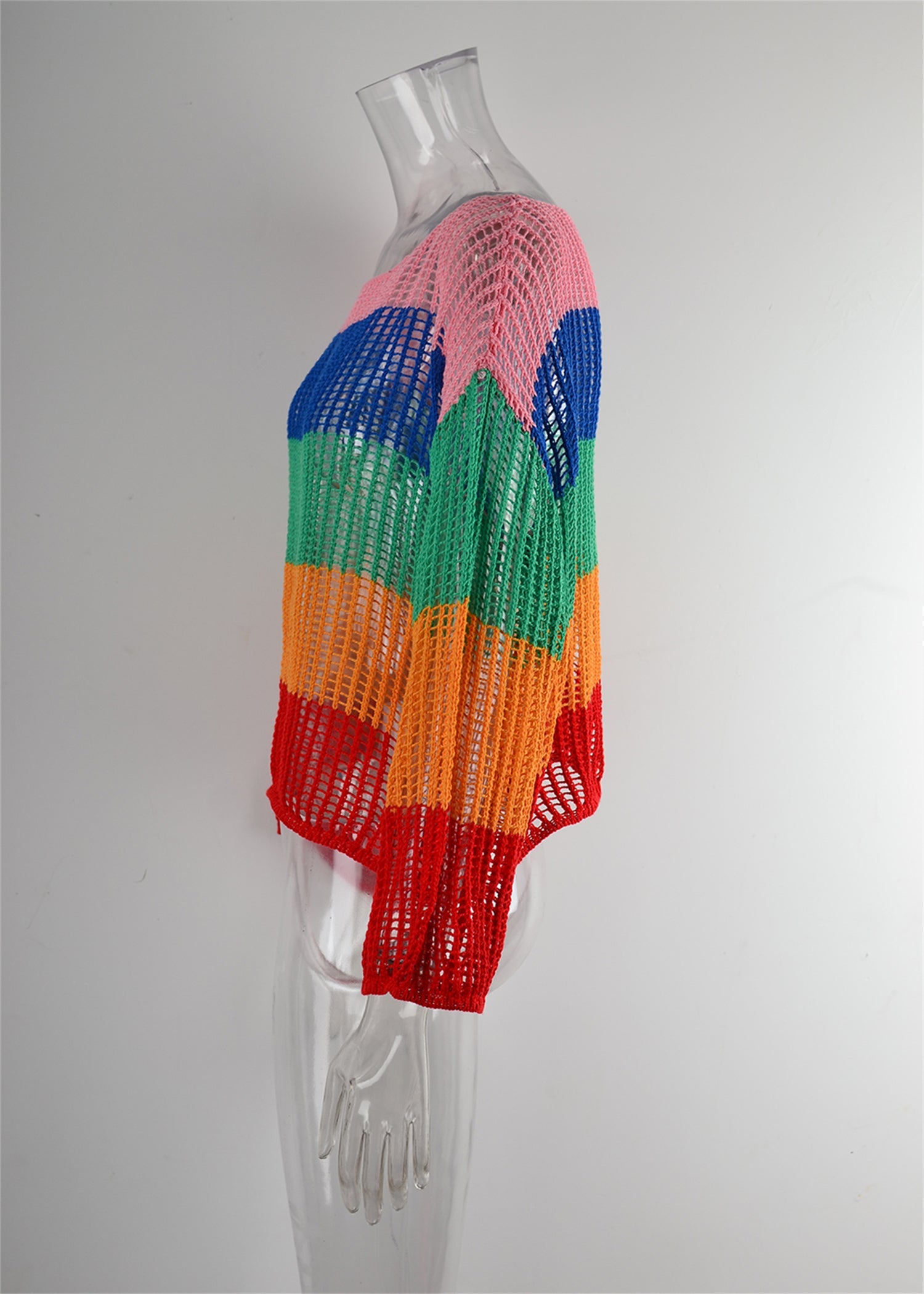 Chemisier d'été ajouré Tricot de vacances Manches longues Surchemise de protection solaire Chemise arc-en-ciel