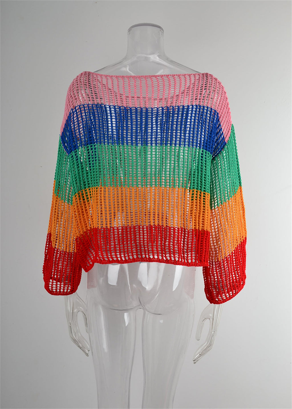 Chemisier d'été ajouré Tricot de vacances Manches longues Surchemise de protection solaire Chemise arc-en-ciel