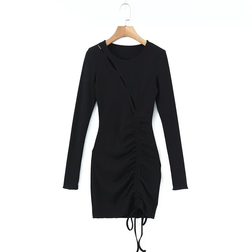 Damenbekleidung Frühling Sexy hohle Kordelzug-Spitzenstrickkleid Hüftkleid