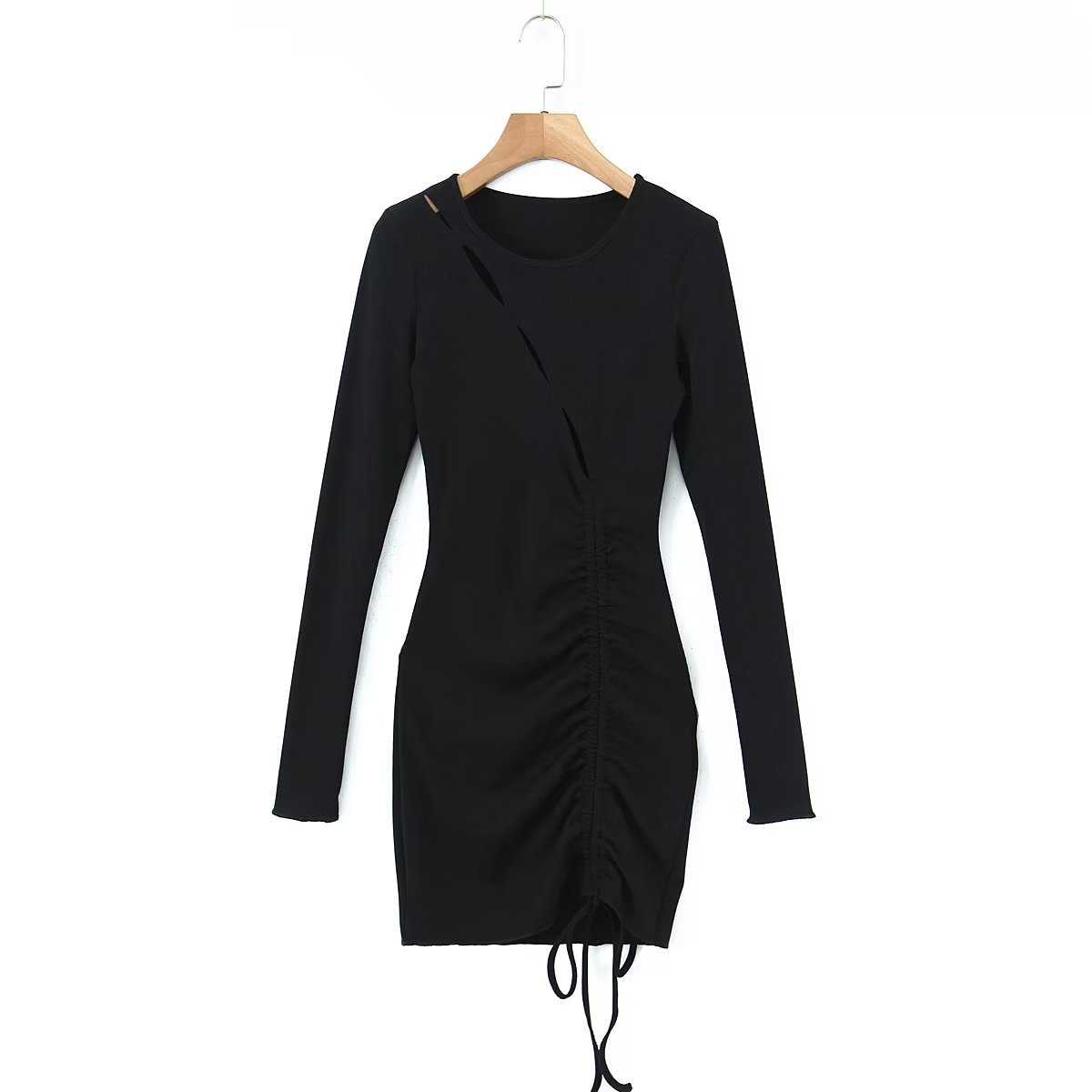 Damenbekleidung Frühling Sexy hohle Kordelzug-Spitzenstrickkleid Hüftkleid
