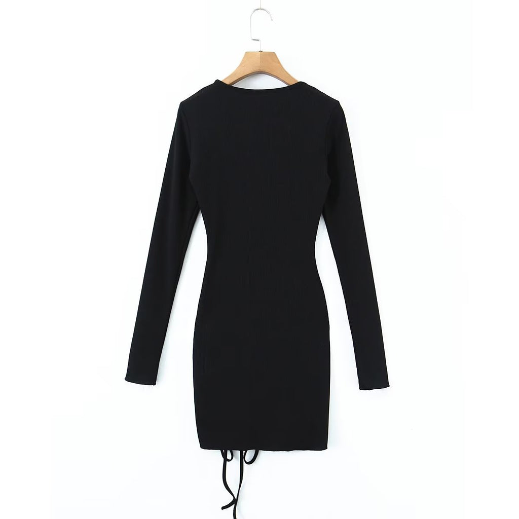 Damenbekleidung Frühling Sexy hohle Kordelzug-Spitzenstrickkleid Hüftkleid