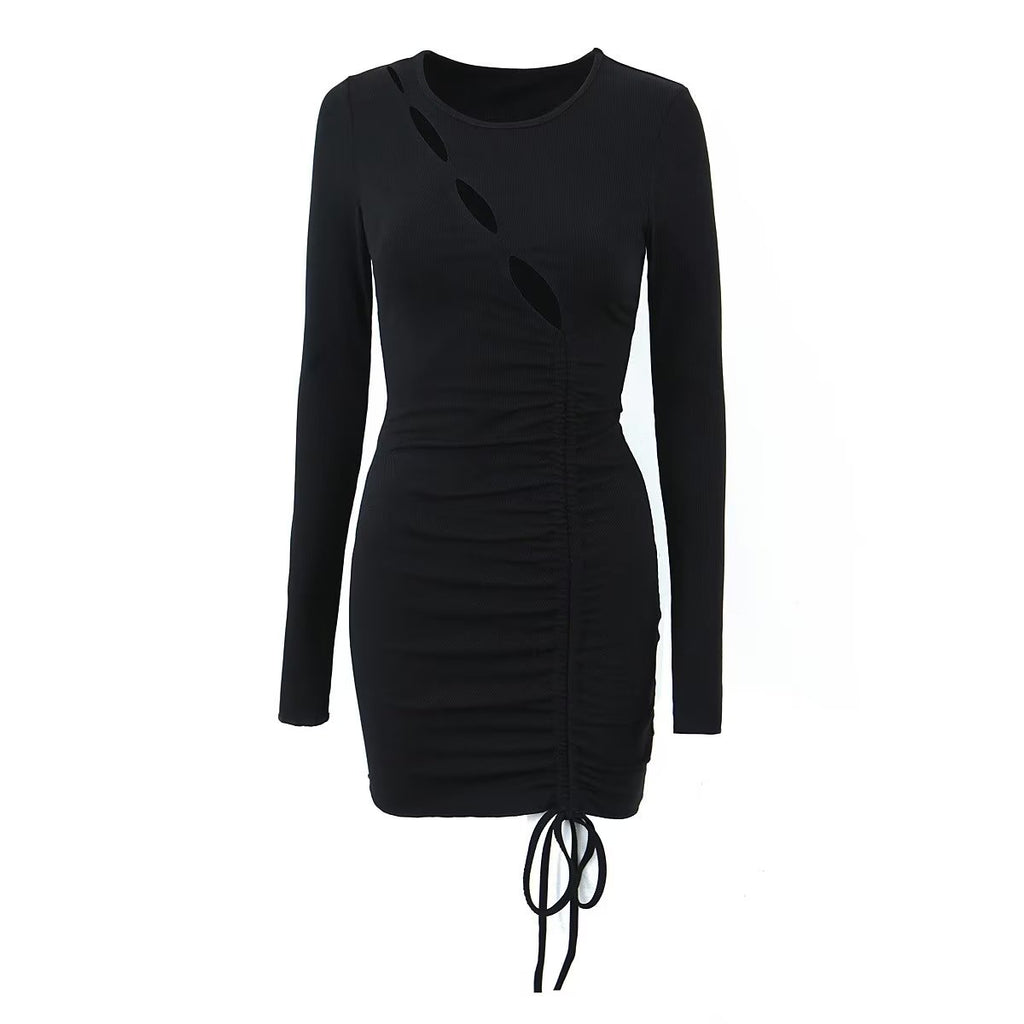 Damenbekleidung Frühling Sexy hohle Kordelzug-Spitzenstrickkleid Hüftkleid