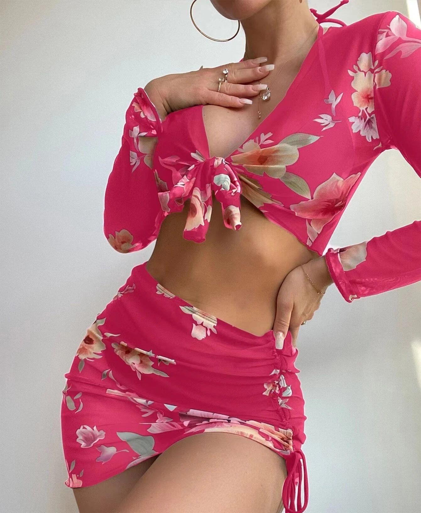 Maillot de bain quatre pièces sexy fendu imprimé en maille à manches longues taille haute