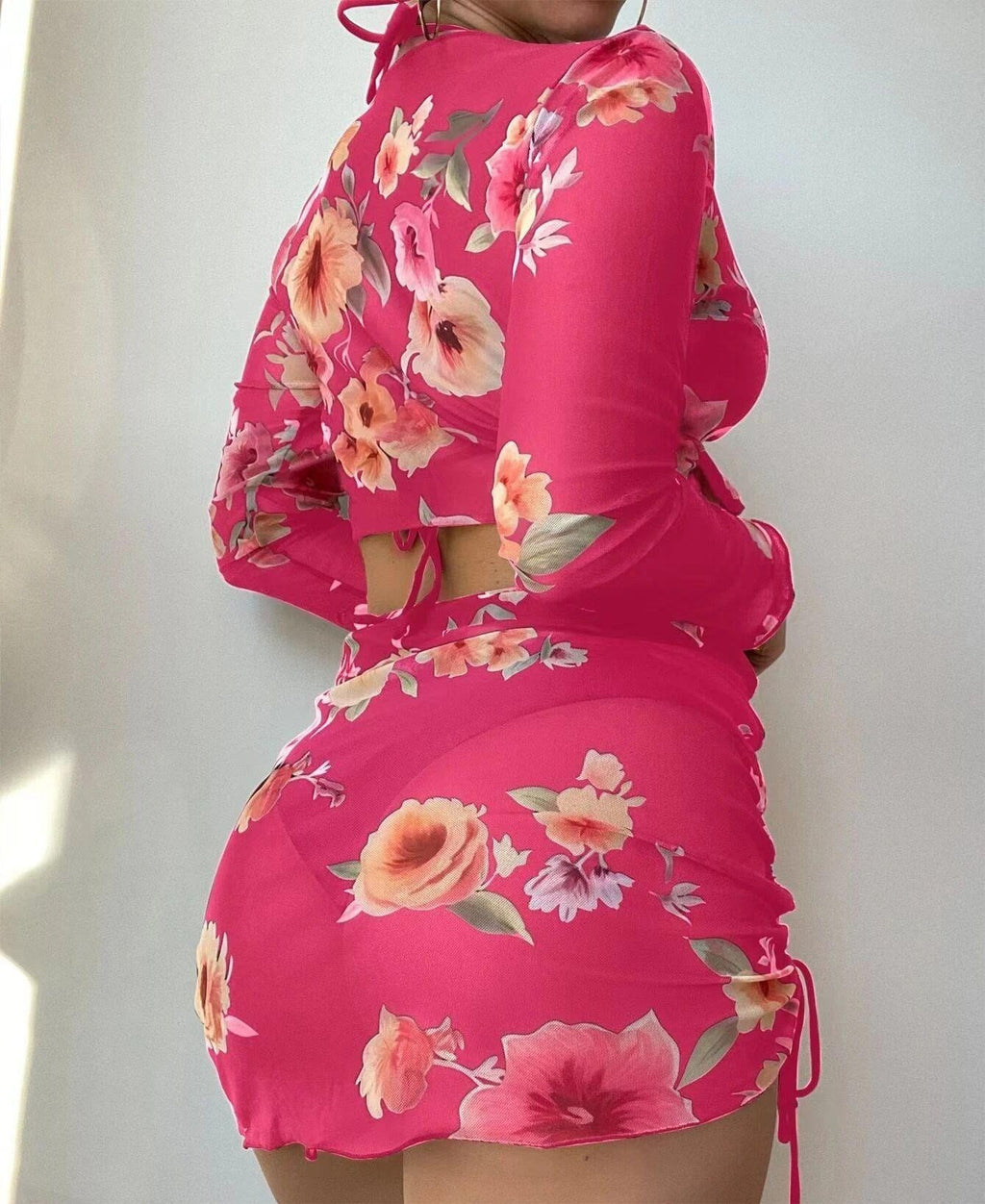 Maillot de bain quatre pièces sexy fendu imprimé en maille à manches longues taille haute