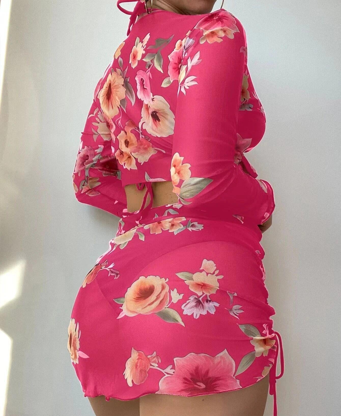 Maillot de bain quatre pièces sexy fendu imprimé en maille à manches longues taille haute