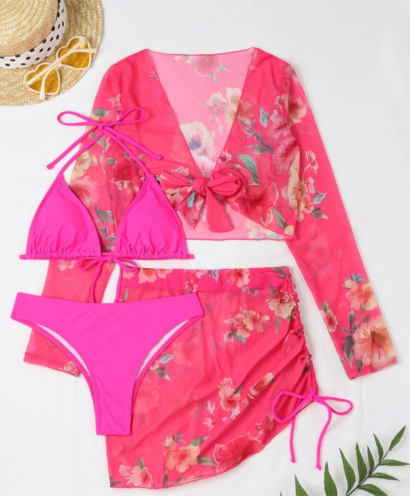 Maillot de bain quatre pièces sexy fendu imprimé en maille à manches longues taille haute