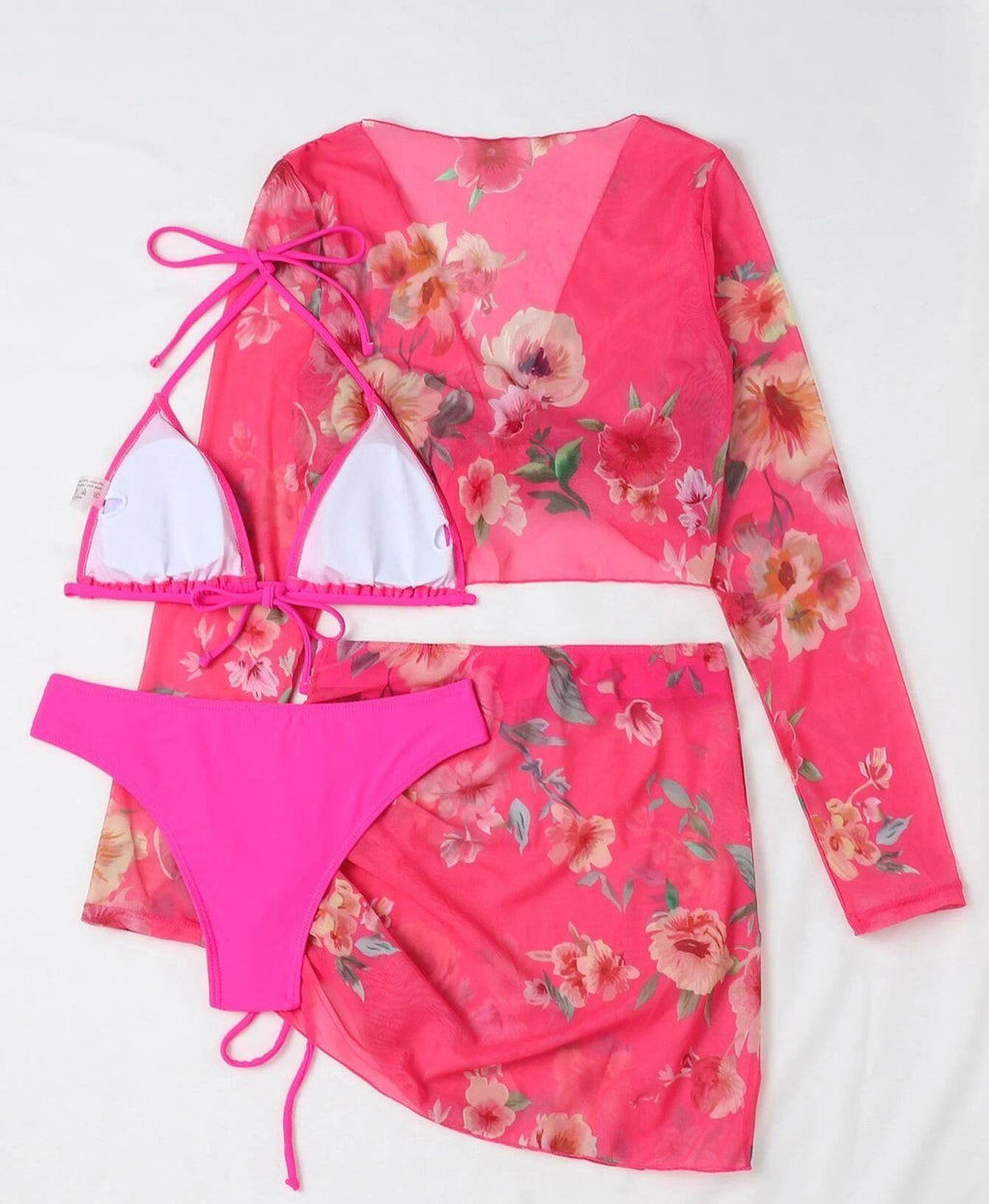 Maillot de bain quatre pièces sexy fendu imprimé en maille à manches longues taille haute