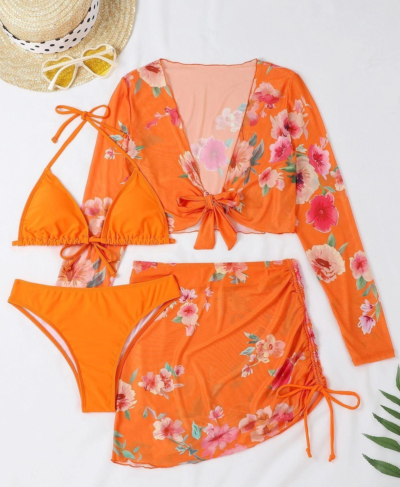 Maillot de bain quatre pièces sexy fendu imprimé en maille à manches longues taille haute