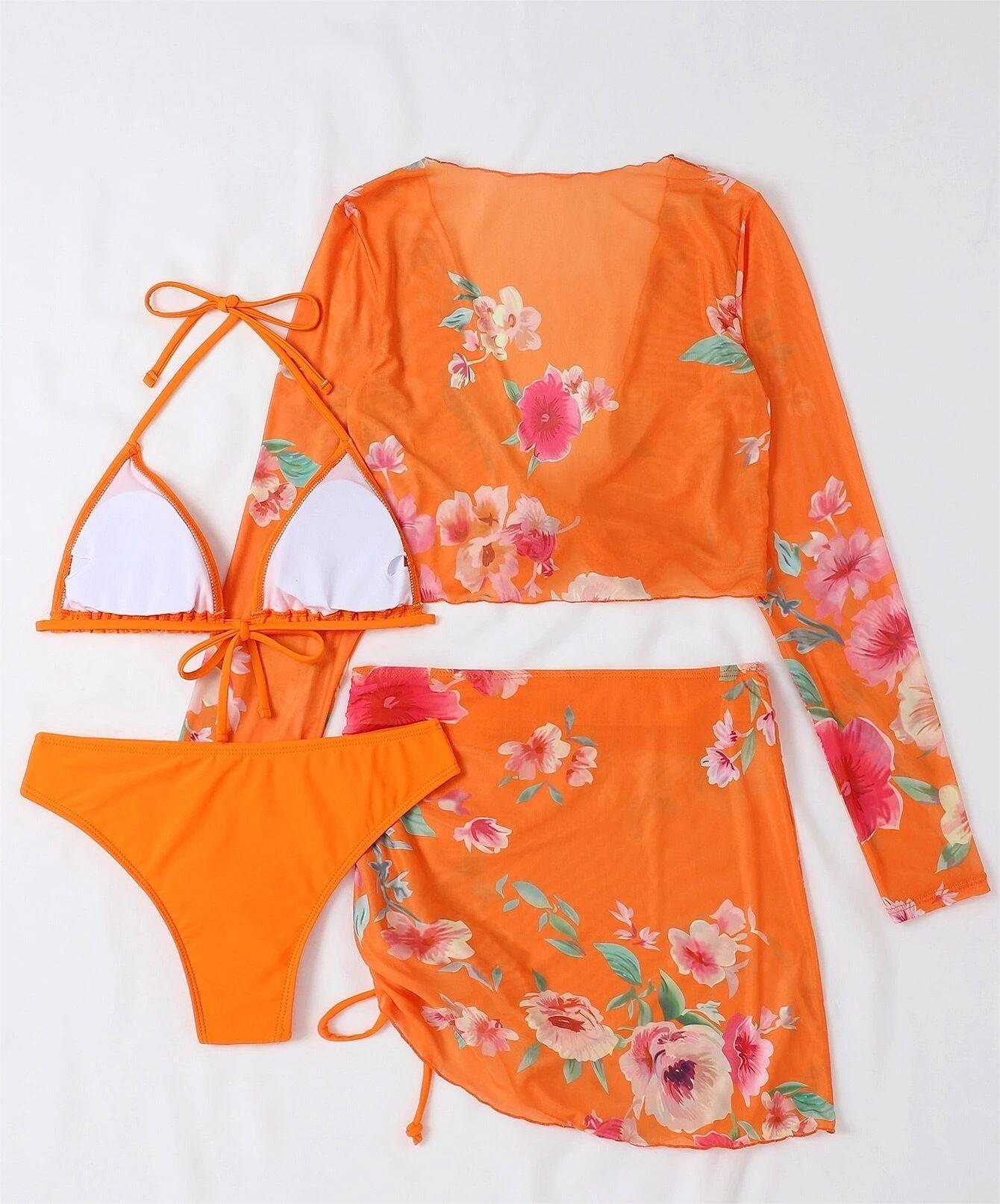 Maillot de bain quatre pièces sexy fendu imprimé en maille à manches longues taille haute