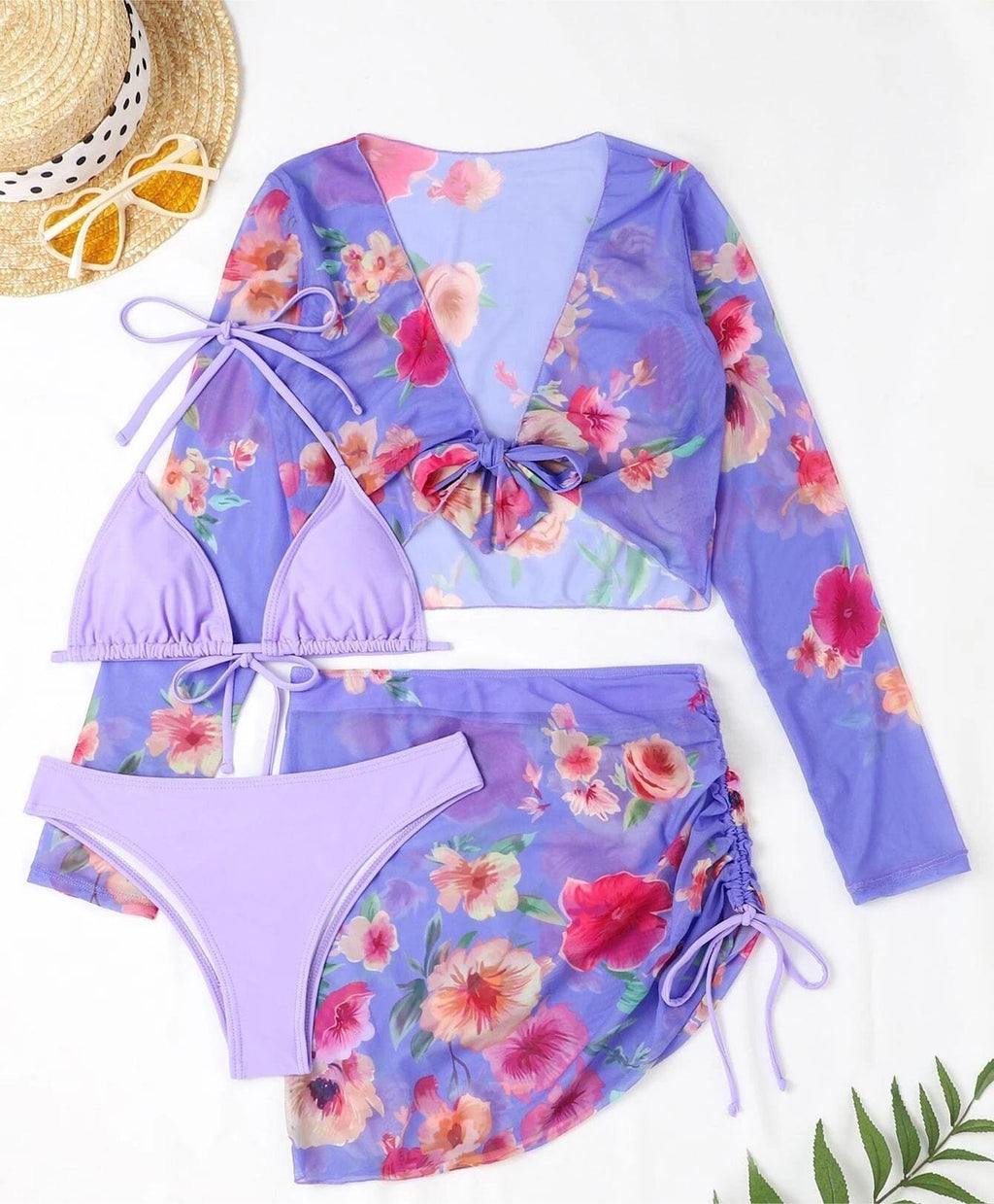 Maillot de bain quatre pièces sexy fendu imprimé en maille à manches longues taille haute