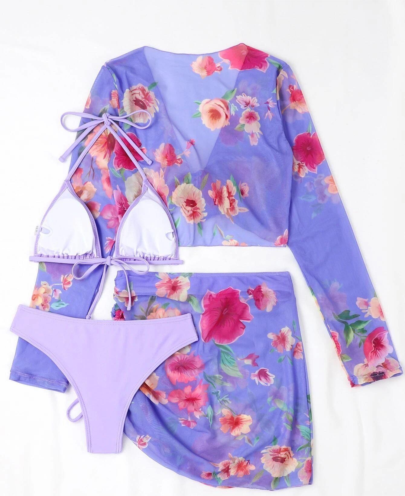 Maillot de bain quatre pièces sexy fendu imprimé en maille à manches longues taille haute