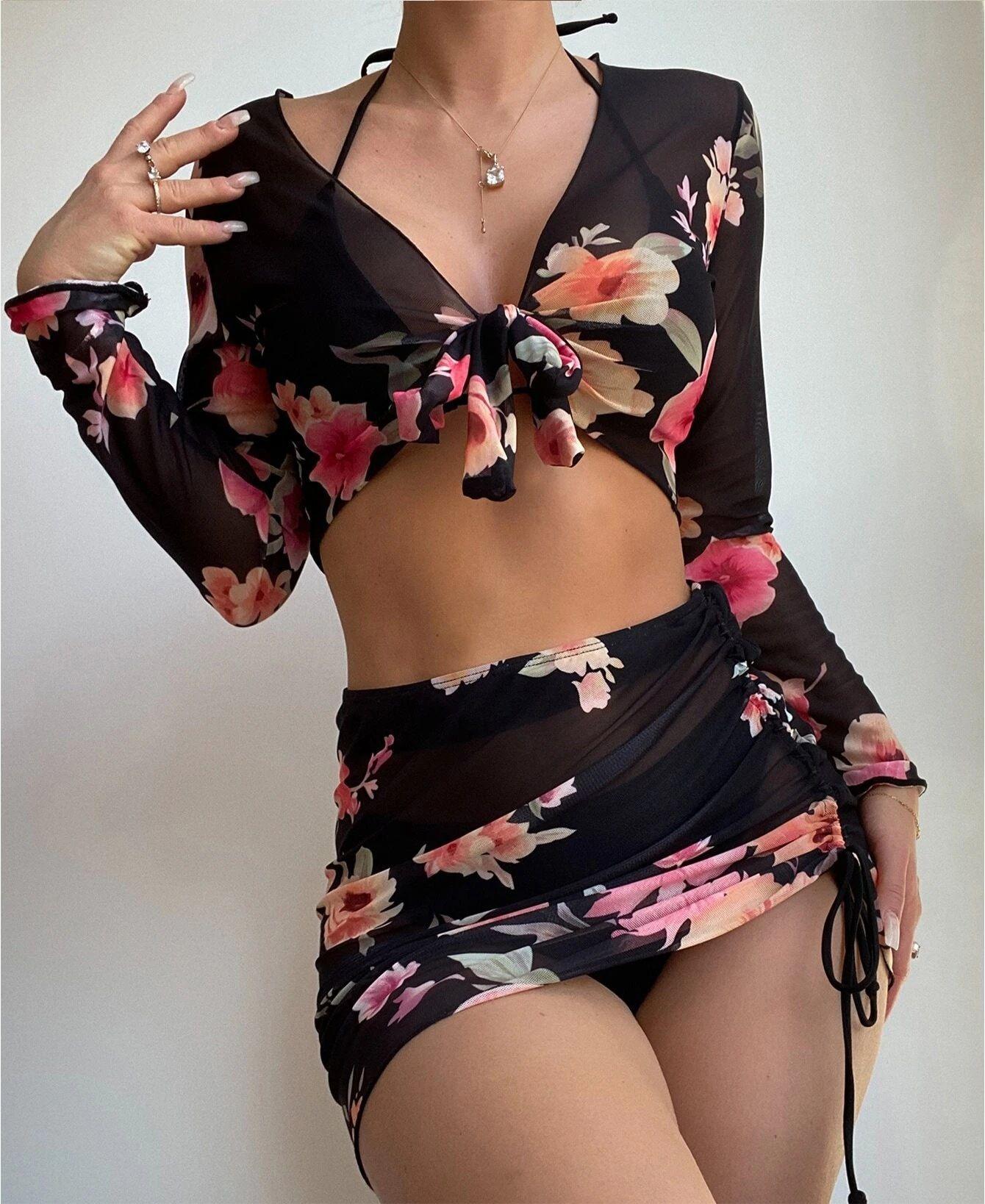 Maillot de bain quatre pièces sexy fendu imprimé en maille à manches longues taille haute