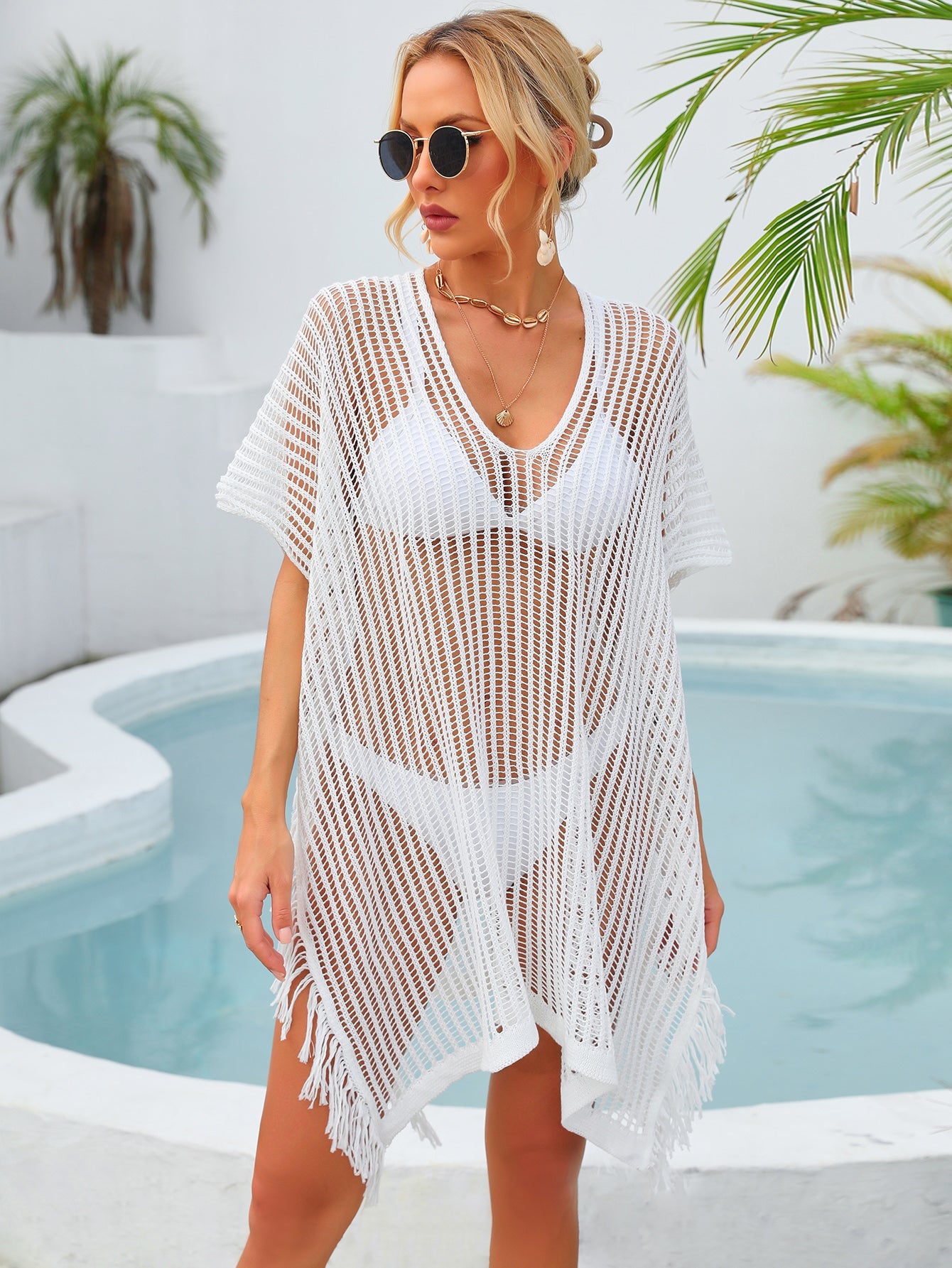 Sommer Mid-Length V-Ausschnitt Aushöhlung Ausschnitt Quaste Strandbekleidung Urlaubsshirt Küsten-Sonnenschutz