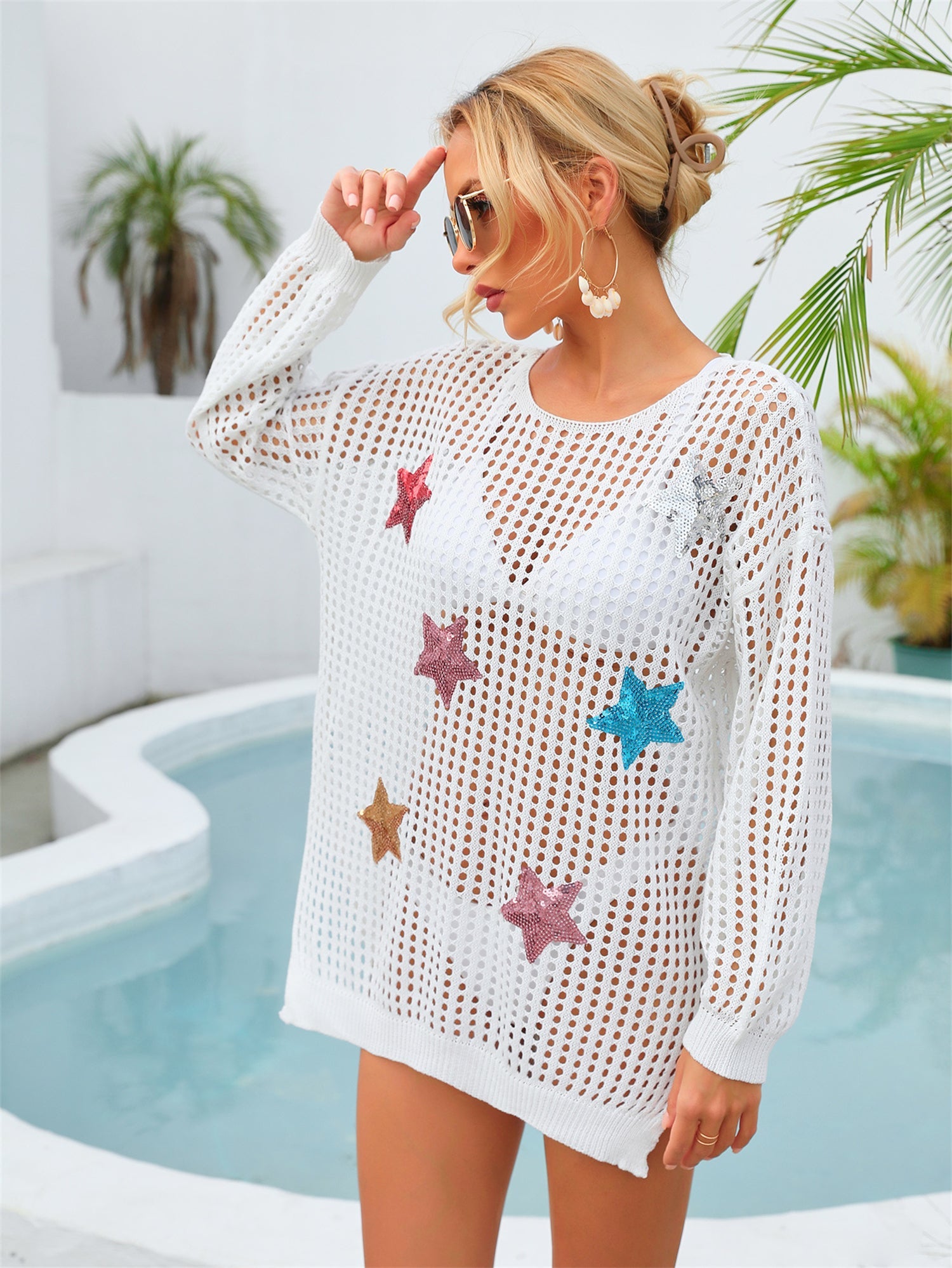 Cache-maillot d'été évidé pentagramme chemise de vacances à manches longues manteau de protection solaire