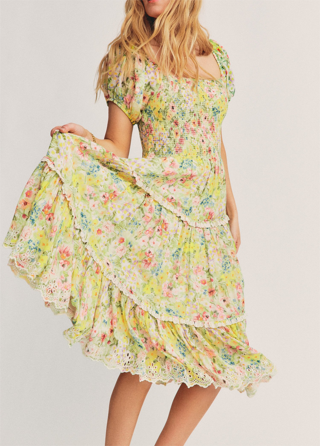Sommer Damenbekleidung Square Collar Kurzarm Hohe Taille Gebundenes Naht Floral Stringy Selvedge Kleid Damen