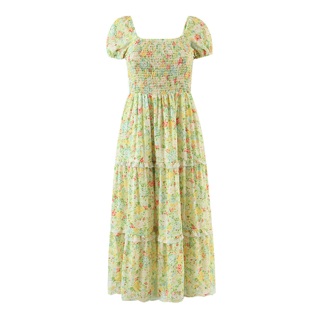 Sommer Damenbekleidung Square Collar Kurzarm Hohe Taille Gebundenes Naht Floral Stringy Selvedge Kleid Damen