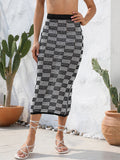 Sommerkleidung Strandrock Hohl geschnittenes Schachbrett-Karo-Bikini Strandrock Strickkleid Damen