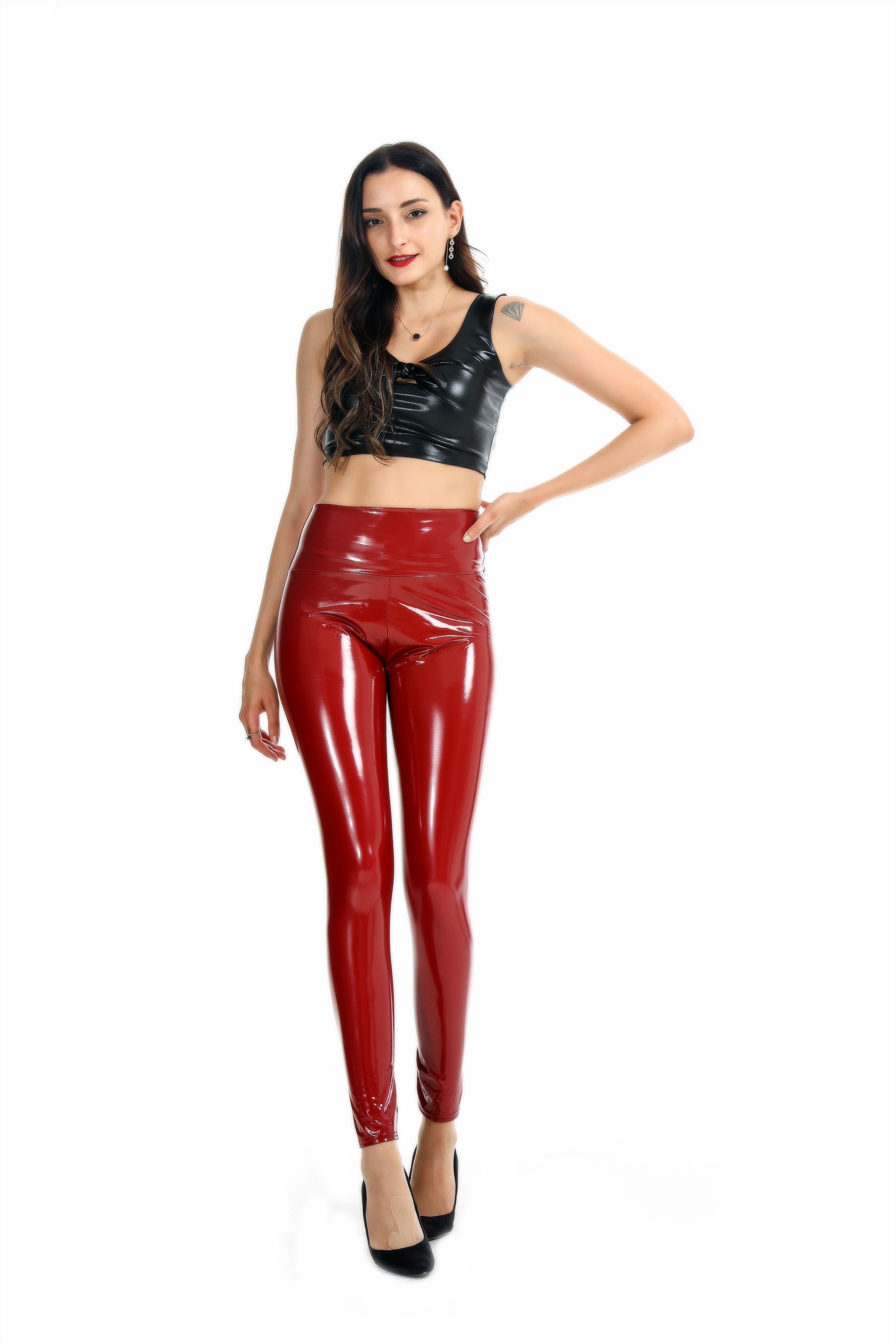 Collants Élastiques Miroir Enduit Sexy Taille Haute En Cuir Latex Brillant Pour Femmes