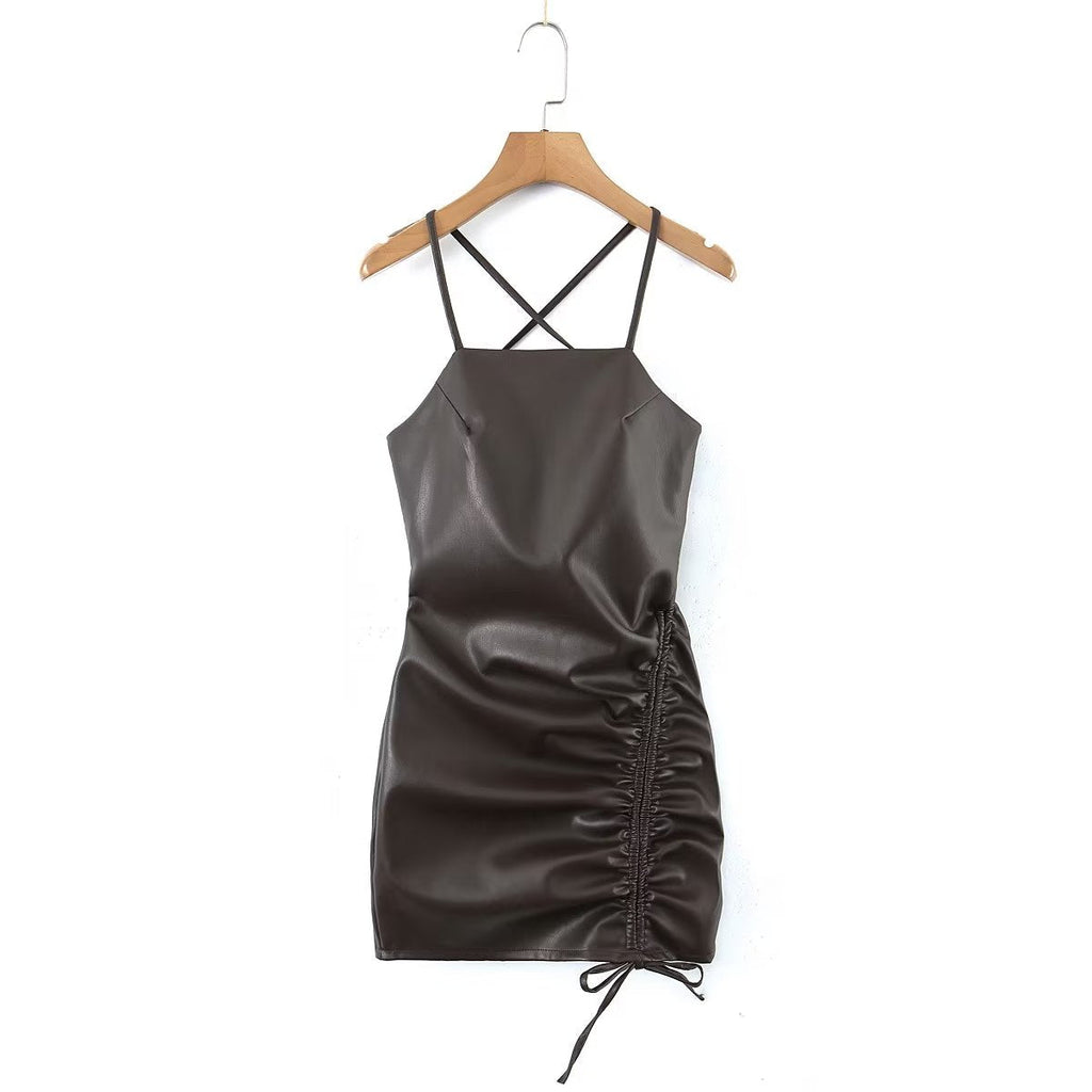 Robe bustier en similicuir à fronces latérales pour femme, sexy, coupe hanche, printemps