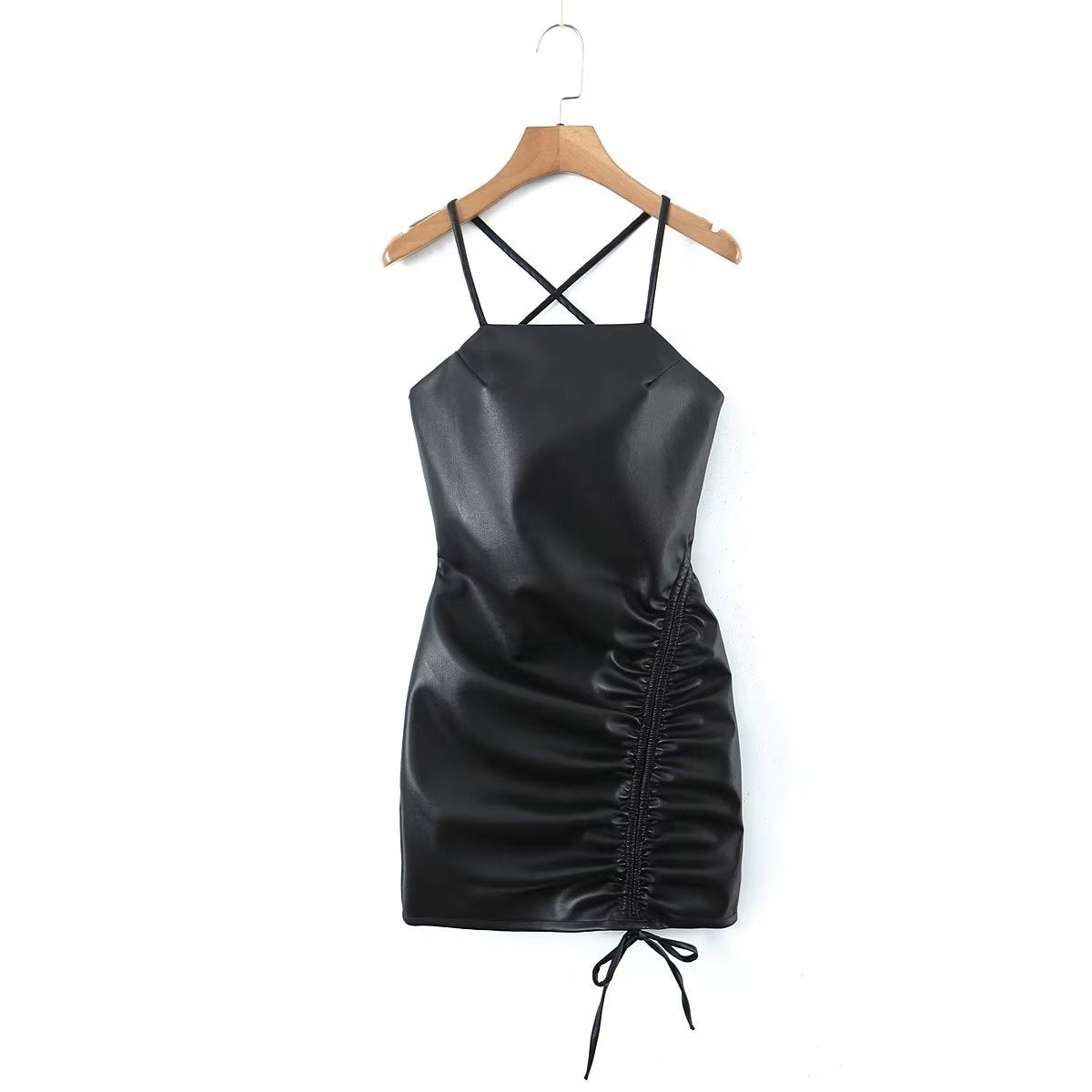 Robe bustier en similicuir à fronces latérales pour femme, sexy, coupe hanche, printemps