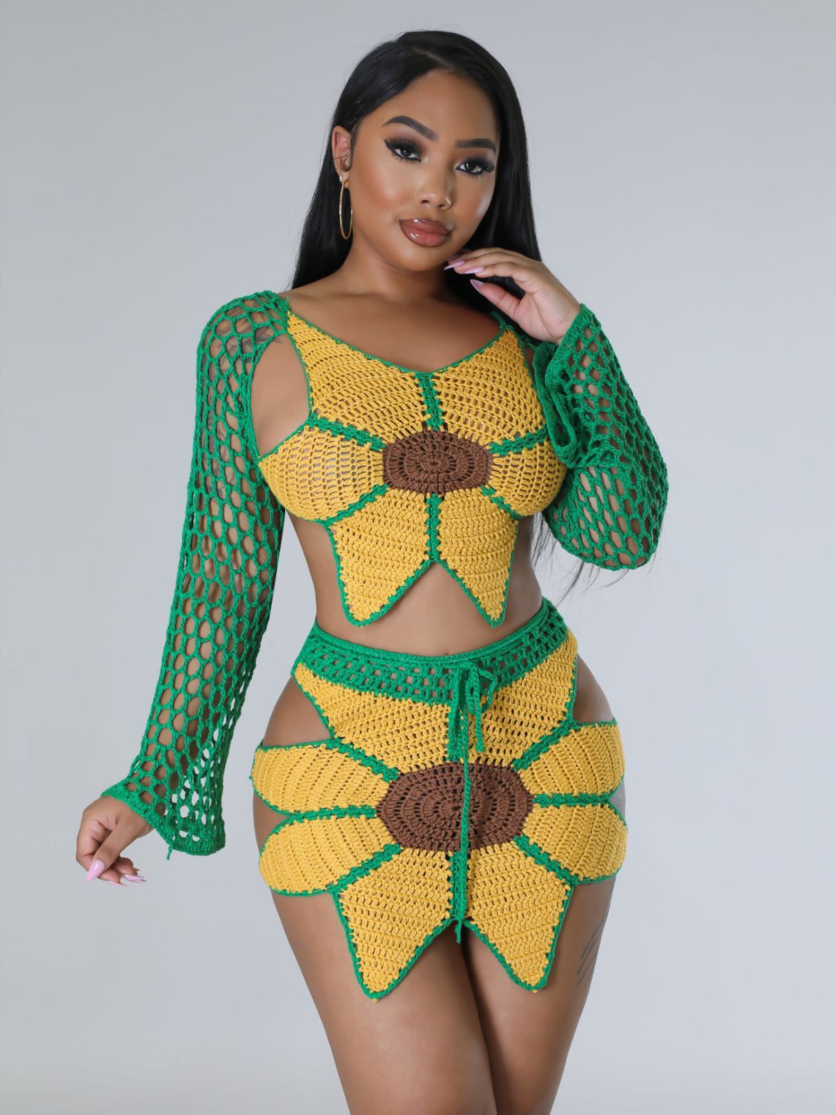 Damen Strandanzug Sexy Handgehäkelter Sonnenblumenanzug Überkreuz