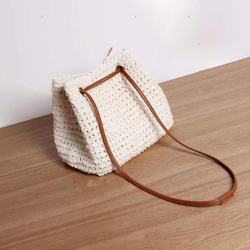 Einfache Strohtasche Einzelschulter Umhängetasche Strohgewebte Tasche Damen Urlaub Meer Strandtasche