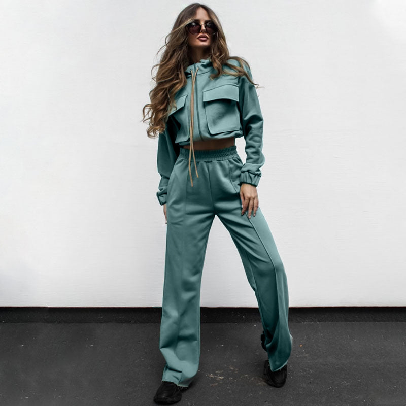 Ensemble Femme Automne Hiver Couleur Unie Fermeture Éclair Double Sac Cordon de Serrage Manches Longues Haut et Pantalon Décontracté