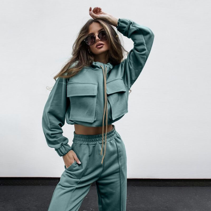 Ensemble Femme Automne Hiver Couleur Unie Fermeture Éclair Double Sac Cordon de Serrage Manches Longues Haut et Pantalon Décontracté