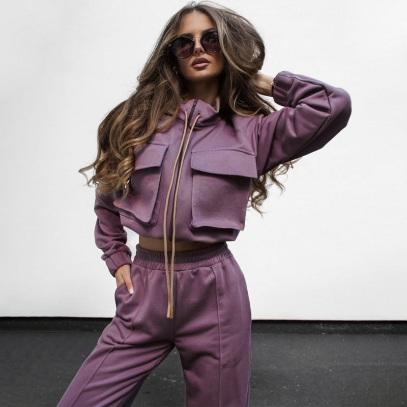 Ensemble Femme Automne Hiver Couleur Unie Fermeture Éclair Double Sac Cordon de Serrage Manches Longues Haut et Pantalon Décontracté