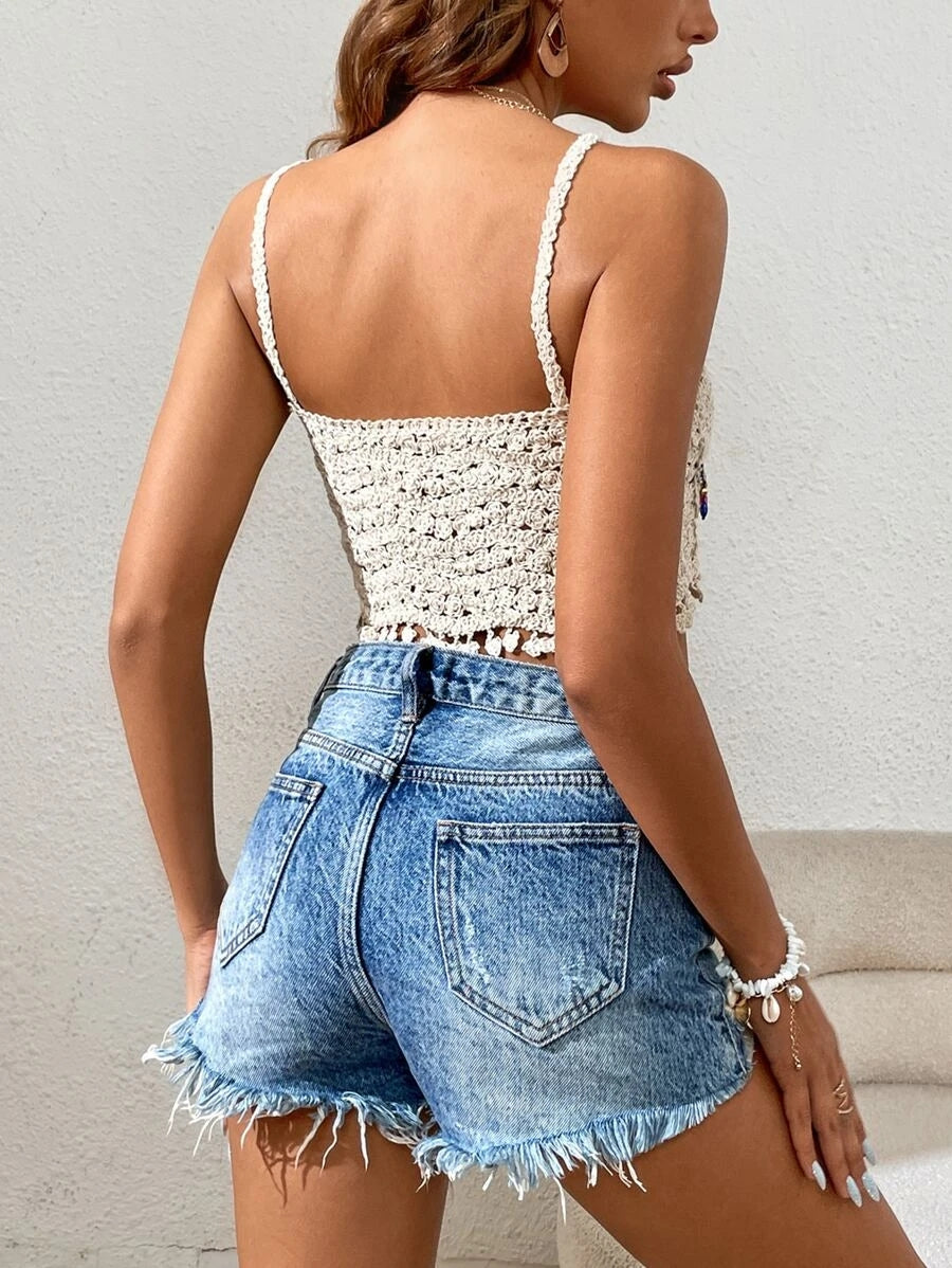 Femmes Vacances d'été Coloré Gland Perles Suspendues Top Creux Fait main au Crochet Bretelles Crochet