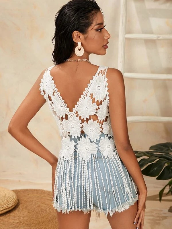 Damen Sommerurlaub Quaste Mesh Hohl Träger Top Häkelnadel