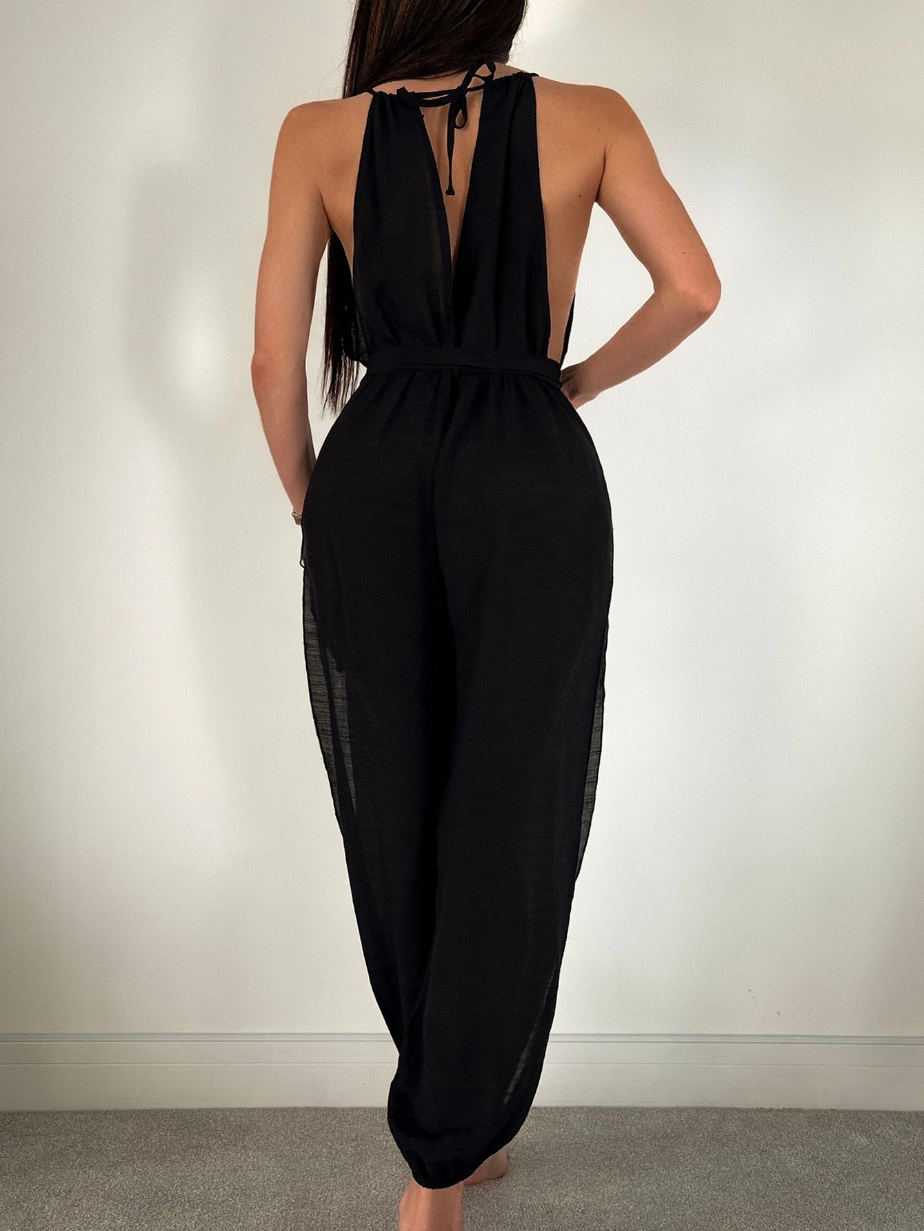 Cache-maillot de plage sans manches Couleur unie Assorti Jumpsuit noué Coupe slim Amincissant Protection solaire Vêtement femme