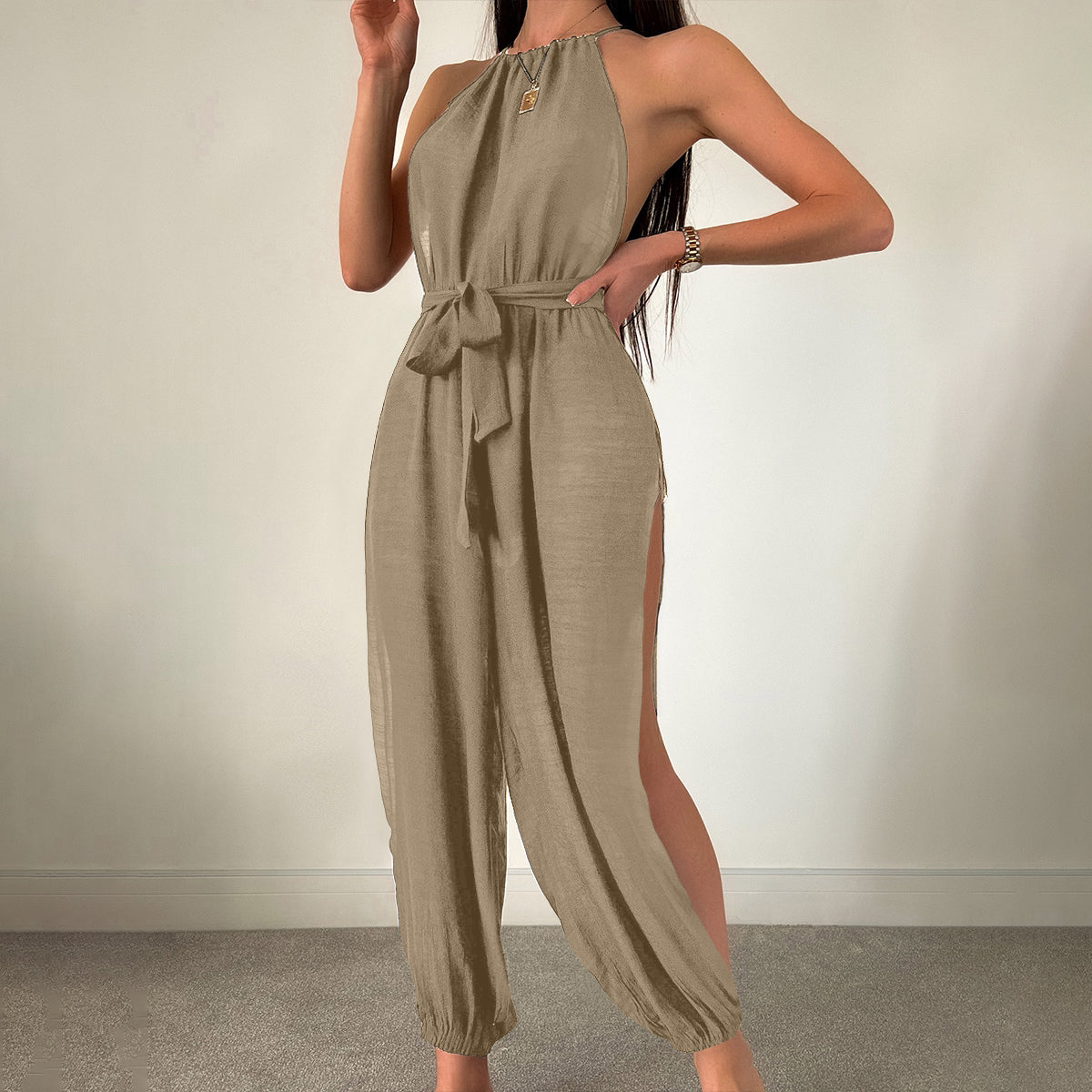 Cache-maillot de plage sans manches Couleur unie Assorti Jumpsuit noué Coupe slim Amincissant Protection solaire Vêtement femme