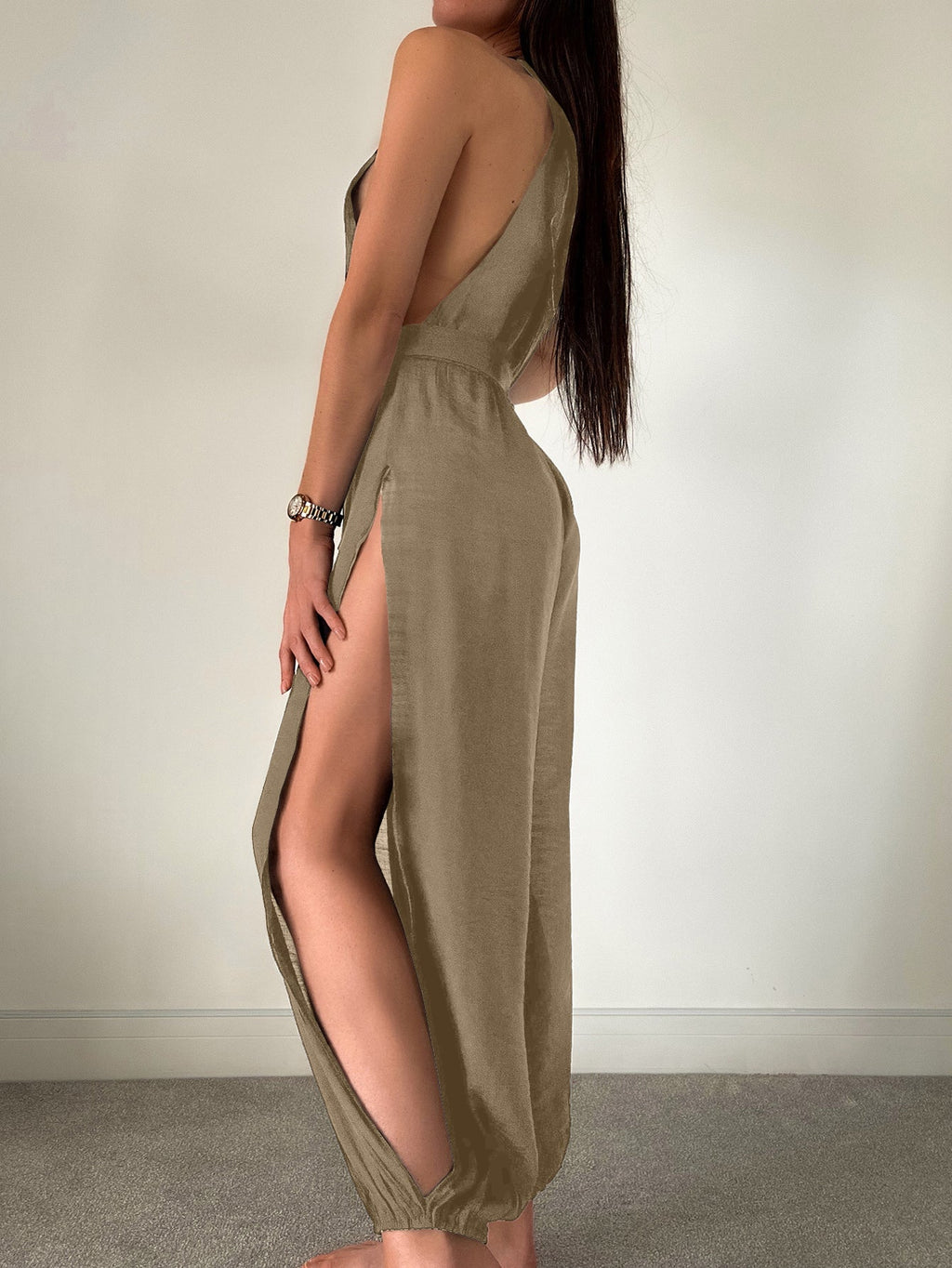 Cache-maillot de plage sans manches Couleur unie Assorti Jumpsuit noué Coupe slim Amincissant Protection solaire Vêtement femme