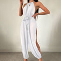 Cache-maillot de plage sans manches Couleur unie Assorti Jumpsuit noué Coupe slim Amincissant Protection solaire Vêtement femme