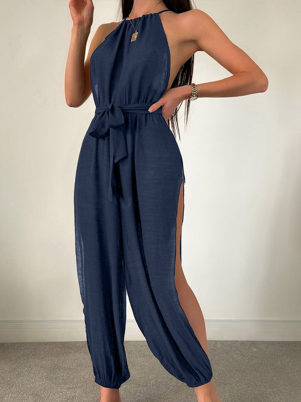 Cache-maillot de plage sans manches Couleur unie Assorti Jumpsuit noué Coupe slim Amincissant Protection solaire Vêtement femme