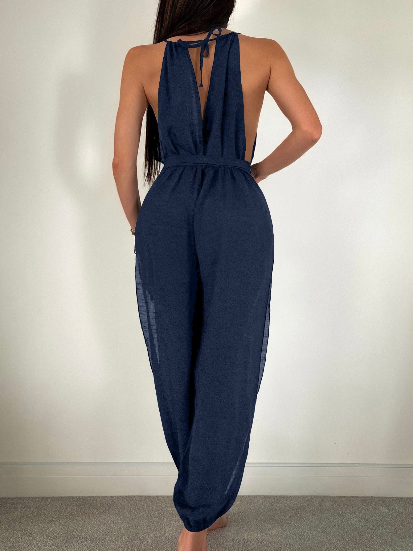 Cache-maillot de plage sans manches Couleur unie Assorti Jumpsuit noué Coupe slim Amincissant Protection solaire Vêtement femme