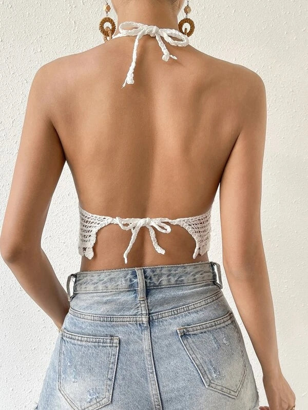 Damen Neu Sommer Gehäkelt Hohl Einfarbig Sling Trägertop Häkelnadel