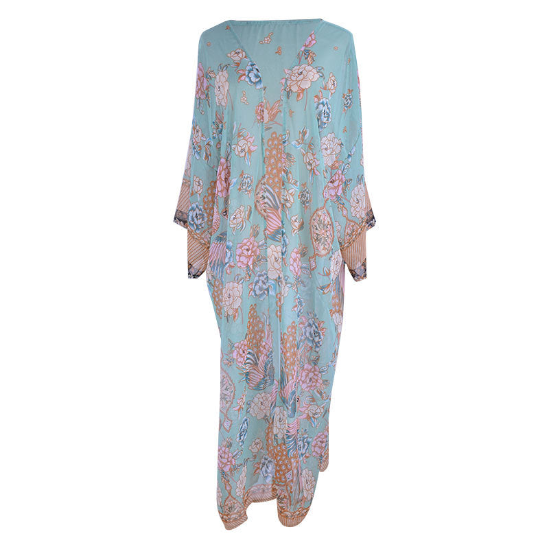 Chemisier en mousseline de soie à imprimé positionné, veste de plage, maillot de bain, chemisier d'extérieur, cardigan de protection solaire pour les vacances