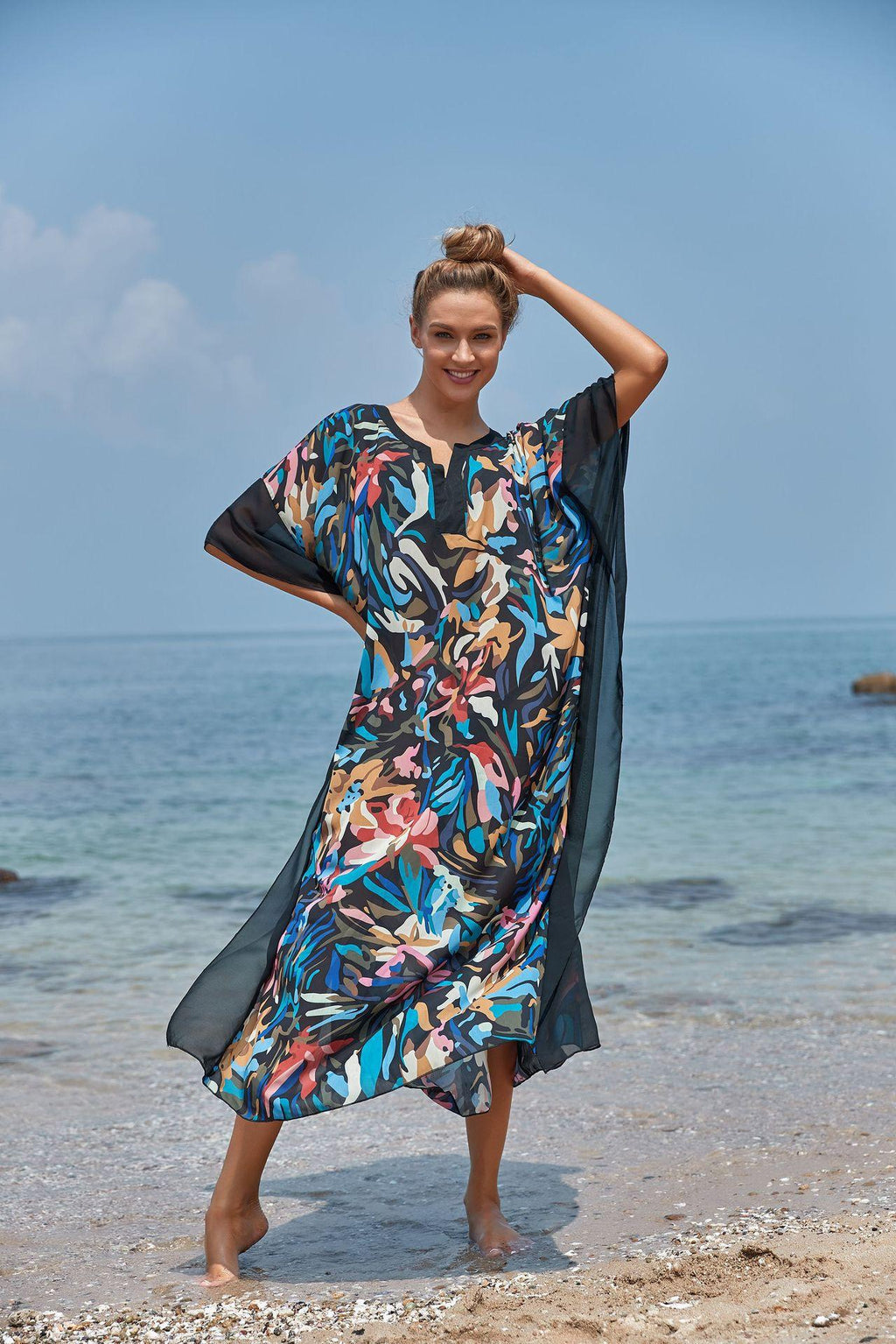 Robe longue ample froncée de couleur unie avec bordure, vêtement de protection solaire de plage, chemisier cache-maillot de bain bikini