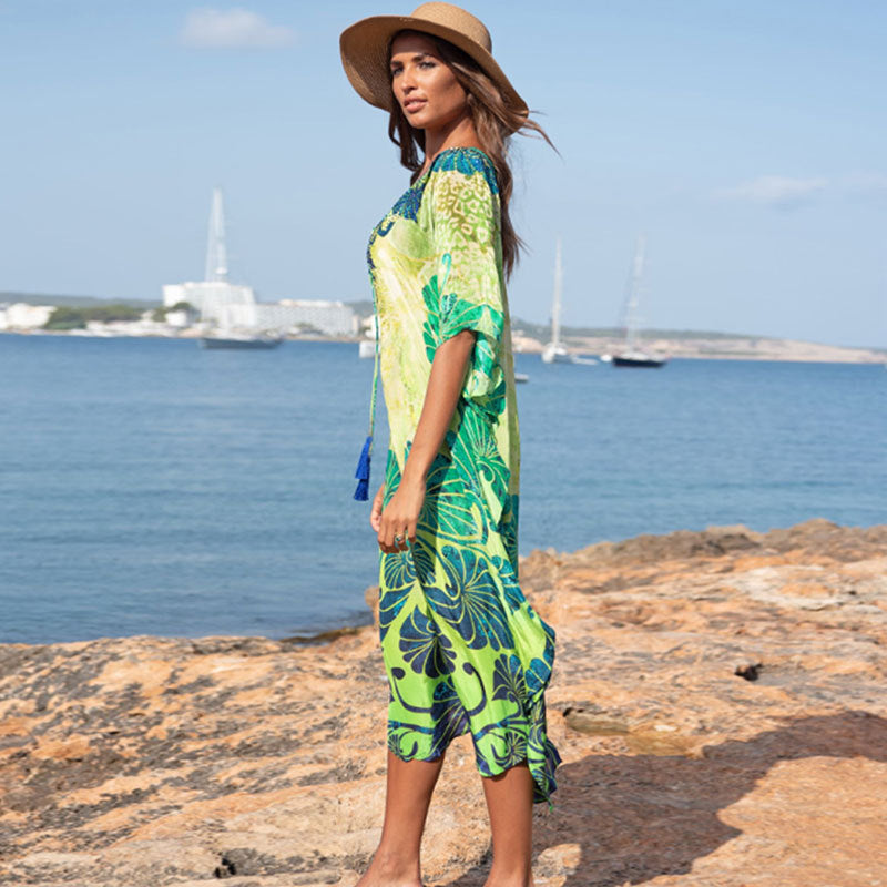 Robe de plage imprimée en rayonne avec bikini, pour les vacances, chemisier et maillot de bain pour femme