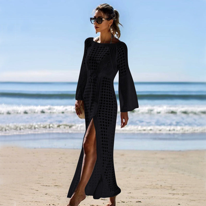 Robe de plage sexy en maille découpée à manches longues, fendue, pour les vacances, blouse de maillot de bain, vêtement de protection solaire, crochet