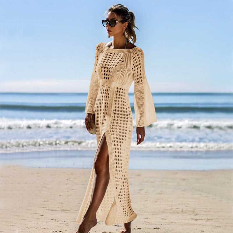 Robe de plage sexy en maille découpée à manches longues, fendue, pour les vacances, blouse de maillot de bain, vêtement de protection solaire, crochet