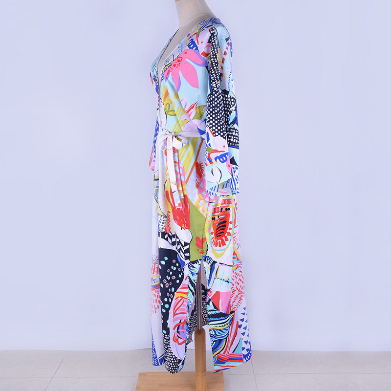 Cardigan mi-long imprimé en rayonne, protection solaire, pour la plage, paréo, châle.