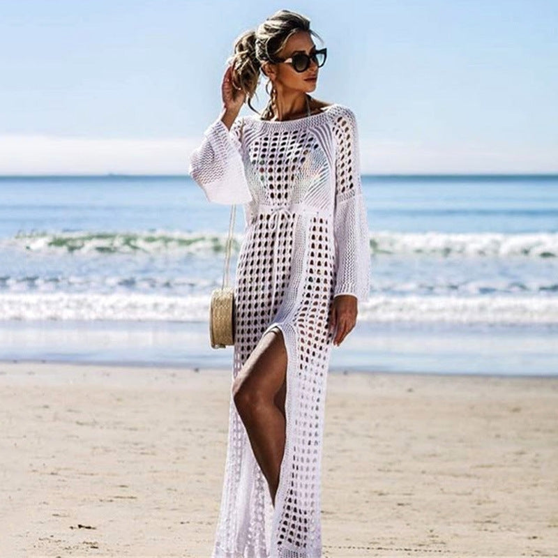 Robe de plage sexy en maille découpée à manches longues, fendue, pour les vacances, blouse de maillot de bain, vêtement de protection solaire, crochet