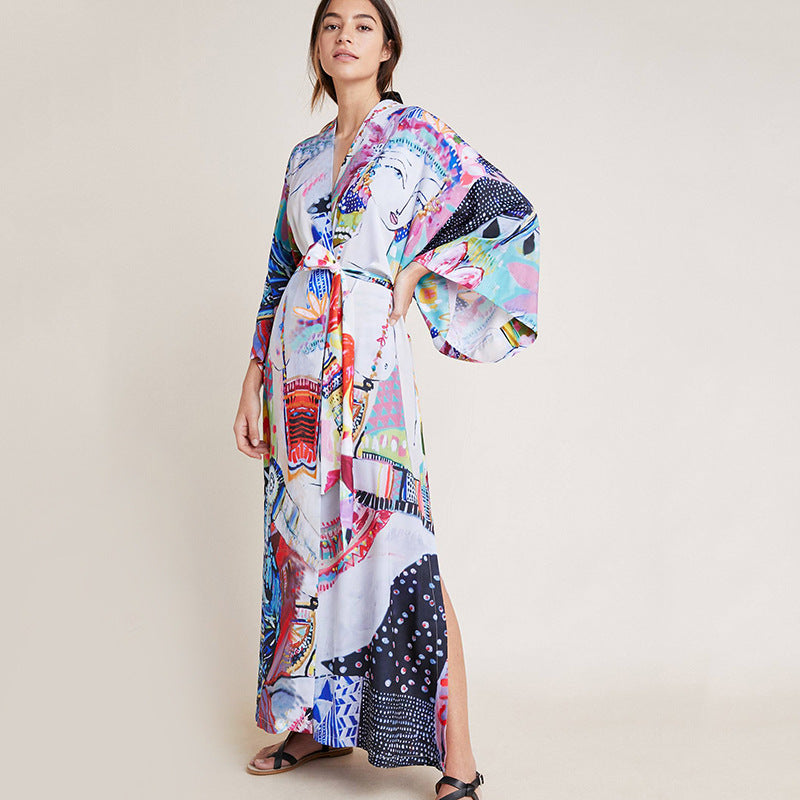 Cardigan mi-long imprimé en rayonne, protection solaire, pour la plage, paréo, châle.
