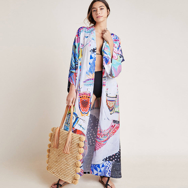 Cardigan mi-long imprimé en rayonne, protection solaire, pour la plage, paréo, châle.
