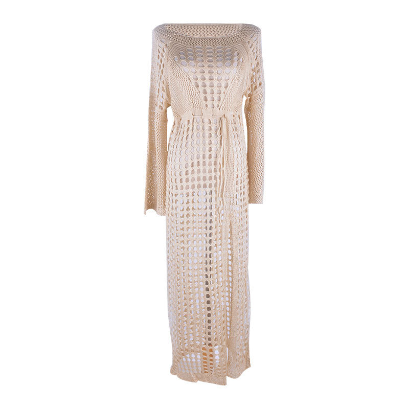 Robe de plage sexy en maille découpée à manches longues, fendue, pour les vacances, blouse de maillot de bain, vêtement de protection solaire, crochet